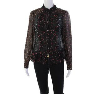 Masscob Womens Button Front Long Sleeve Floral Silk Blouse Black Multi Large